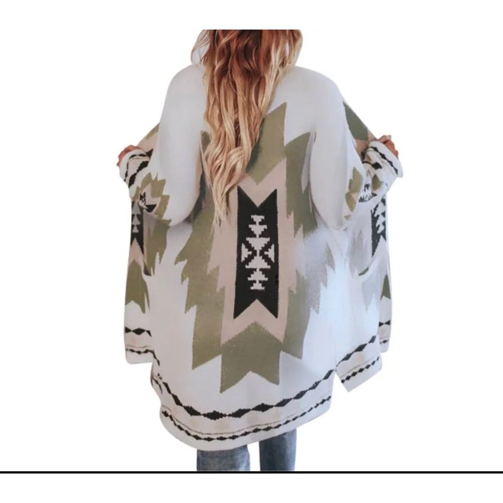 2XL White Aztec Long Cardigan Womens Western Open Front Duster - Picture 1 of 6